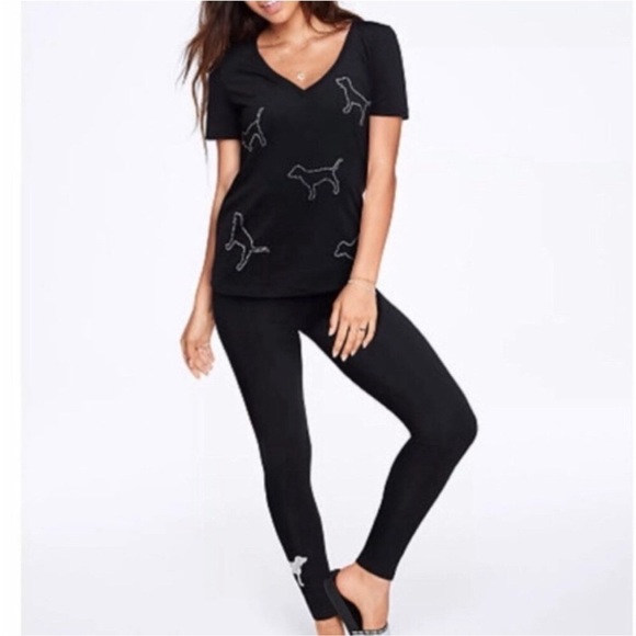 PINK Victoria's Secret Black V-Neck Tee rhinestone dog rare XS - Picture 3 of 6